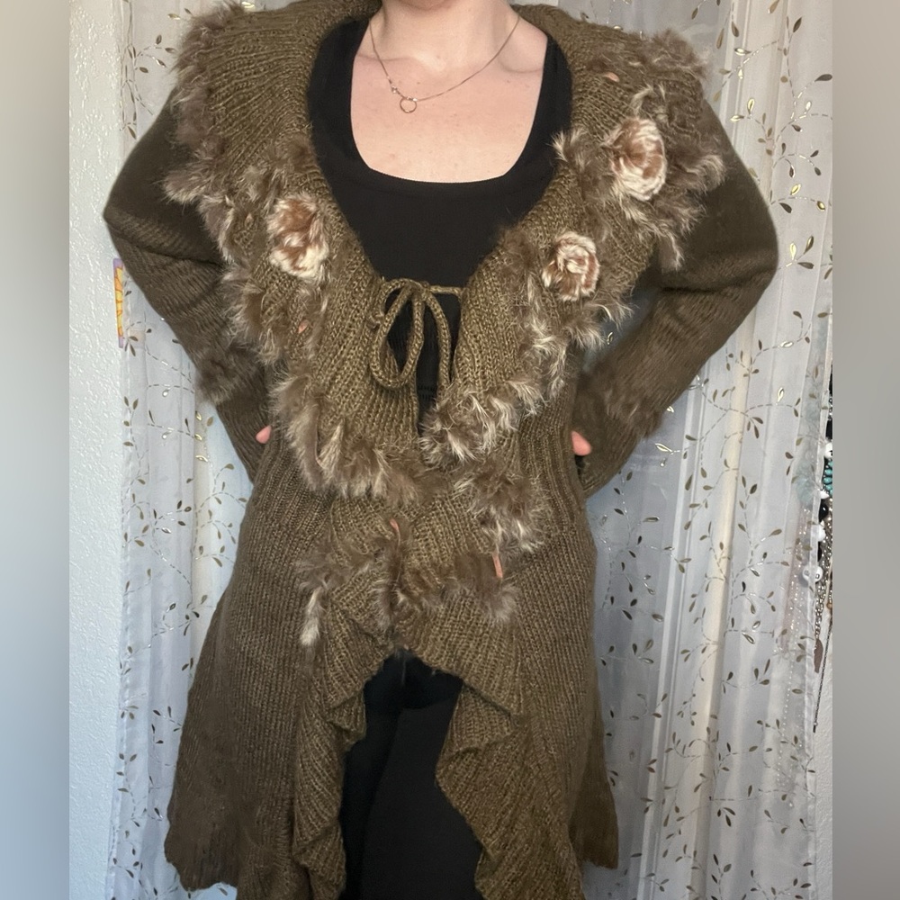 Chic Brown Knit Cardigan with Faux Fur Trim